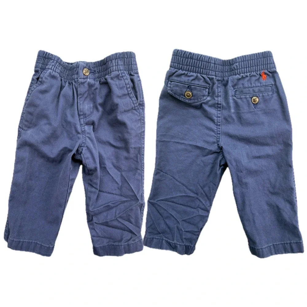 Ralph Lauren Baby Boys Navy Blue Chino Pants Elastic Waist Red Pony‎ 12M